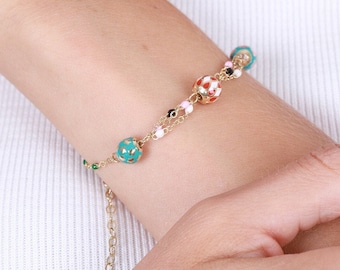 14K Gold Enamel Beaded Gold Chain Bracelet