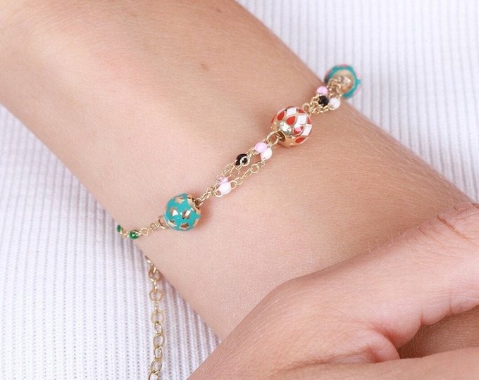 14K Gold Enamel Beaded Gold Chain Bracelet