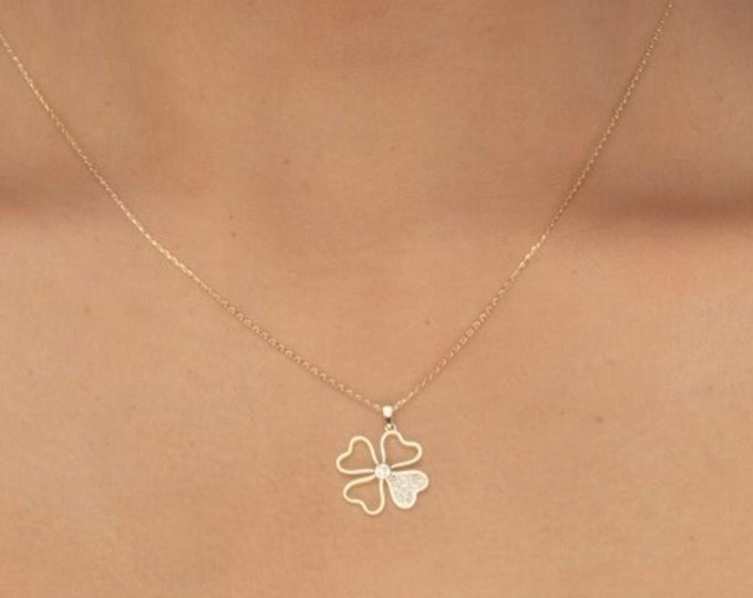 14K Gold Cz Clover Necklace