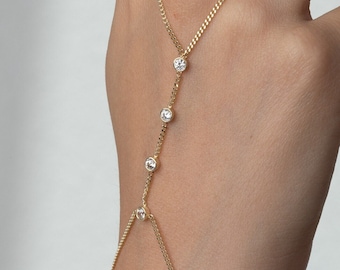 14K Gold CZ Bezel Set Hand Chain Bracelet
