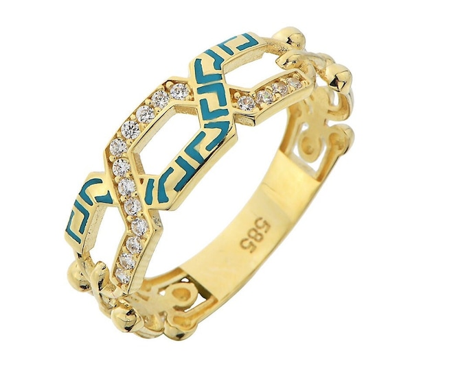 14K Gold Open Link Greek Ring- Dainty Enamel Open Link Ring - Simple Gold Ring/ Trendy Ring For Women- Anniversary Ring -Birthday Gift
