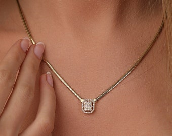 14K Gold Cz Herringbone Necklace