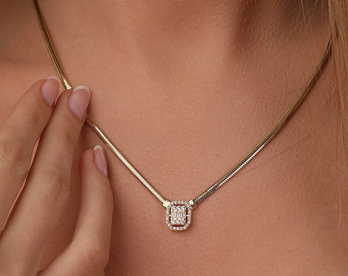 14K Gold Cz Herringbone Necklace