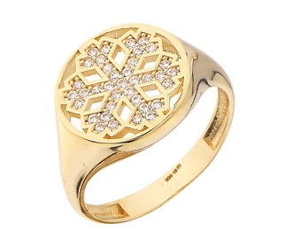 14K Gold Cz Snowflake Signet Ring- Delicate Signet Snowflake Ring-Snowflake Signet Ring- Snowflake Jewelry-Mother's Day gift