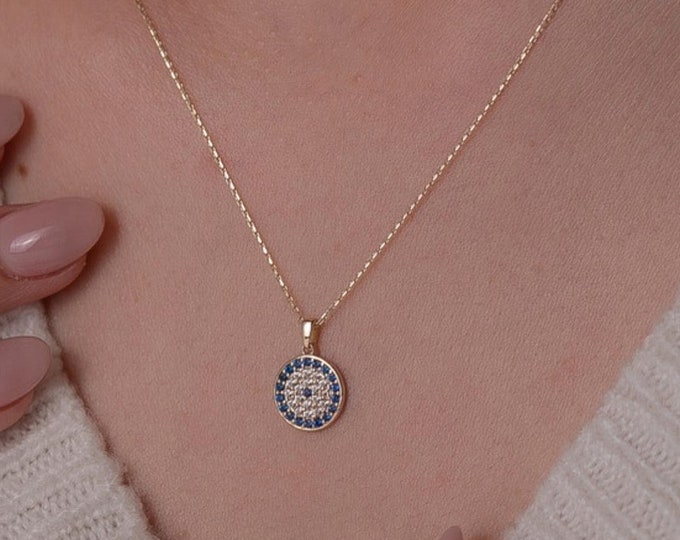 14K Gold Disc Evil Eye Necklace