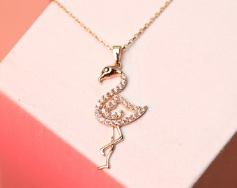 14K Solid Gold Flamingo Necklace - Cz Pave Flamingo Pendant- Elegant Flamingo Pendant- Animal Jewelry- Beach Jewelry- Summer Jewelry