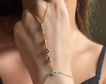 14K Solid Gold Evil Eye Hand Chain Bracelet
