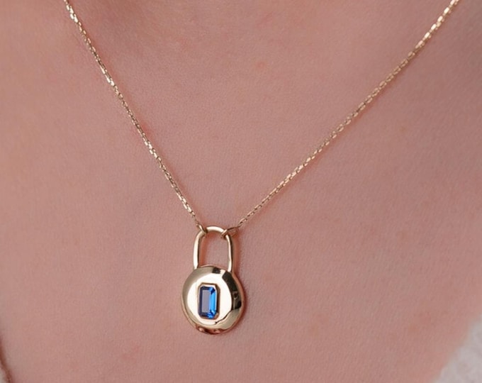 Gold Lock Pendant Necklace W/Gemstone