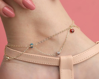 14K Gold Anklet Bracelet, Double Chain Boho Anklet, ladybug Anklet,Butterfly Anklet,Evil eye Anklet- Foot Jewelry- Bridal Gift