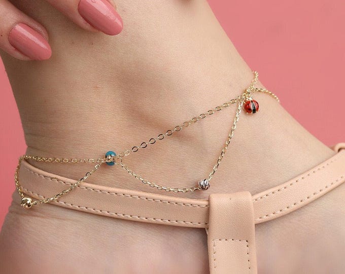 14K Gold Anklet Bracelet, Double Chain Boho Anklet, ladybug Anklet,Butterfly Anklet,Evil eye Anklet- Foot Jewelry- Bridal Gift