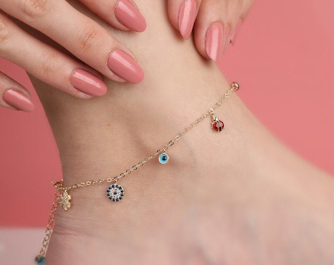 14K Gold Dangle Evil eye, Ladybug, Beaded Foot Anklet - Beach Summer Anklet-  Layered Anklet- Gift For Bridal
