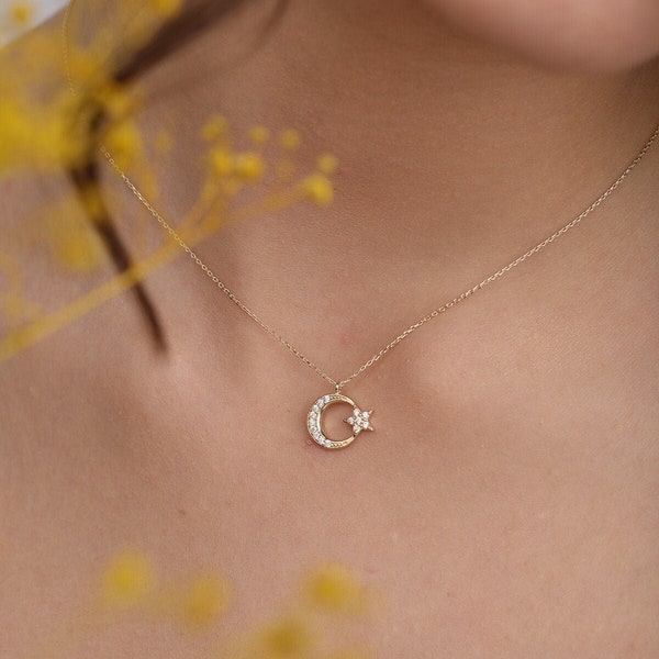 14K Solid Gold Moon and Star Necklace- Elegant Crescent Moon Star Necklace- Celestial Star Jewelry- Mother's Day Gift-Graduation Gift