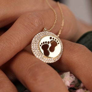 14K Gold CZ Baby Feet Necklace - Dainty New Mom Gift