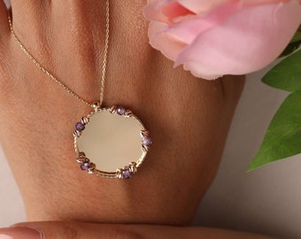 14K Real Gold italian Mirror Necklace/ Gold Engraved Mirror Pendant/ Custom Engravable Disc Pendant W/ Amethyst Stone/ Mother's Day Gift