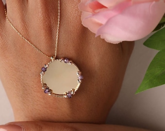 14K Real Gold italian Mirror Necklace/ Gold Engraved Mirror Pendant/ Custom Engravable Disc Pendant W/ Amethyst Stone/ Mother's Day Gift