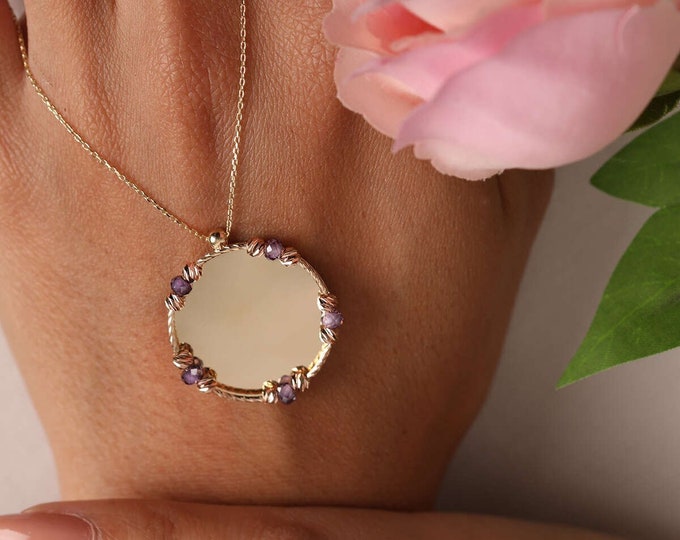 14K Gold italian Mirror Necklace W/ Amethyst