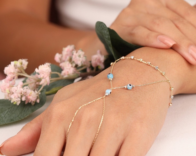 14K Gold Evil Eye Hand Chain Bracelet