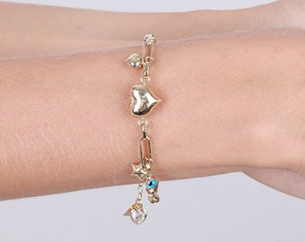 14K Puff Heart Bracelet W/ Paperclip Chain