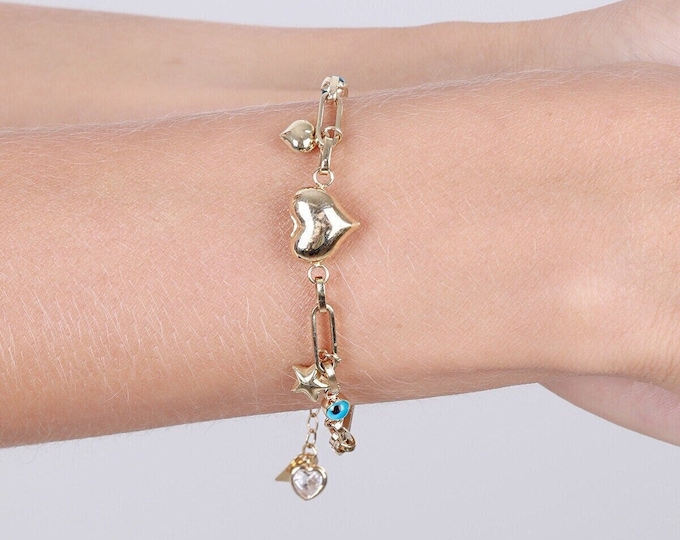 14K Puff Heart Bracelet W/ Paperclip Chain