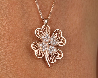 14K Gold Cz Four Leaf Necklace