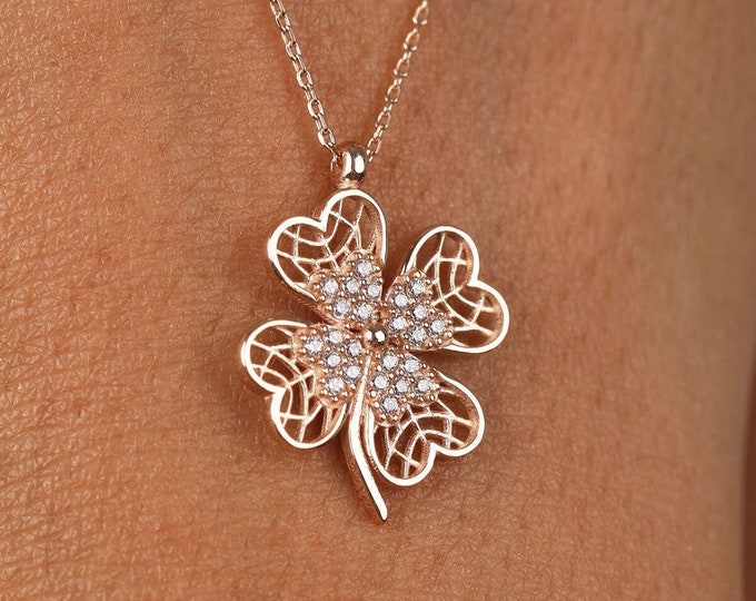 14K Gold Cz Four Leaf Necklace