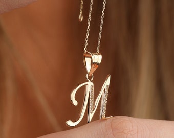 14K Gold Cz Pave Initial Necklace| Custom Initial Necklace| Oversize Initial Necklace|Personalized Gold Necklace Initial| Mother's Day gift