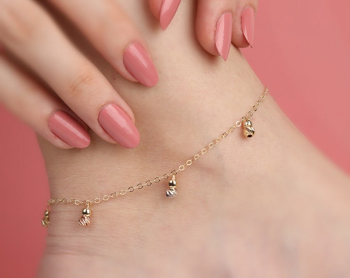 14K Real Gold Dangle Beads Anklet /Dangle Beaded Ball Station Anklet  Bracelet/ Beach Anklet/ Summer Beach Jewelry Anklet/ Bridal Gift