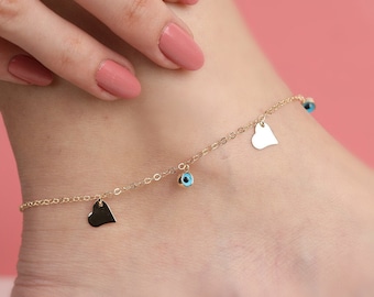 14K Gold Dangle Heart and Evil eye  Anklet/ Dainty Gold Beach Anklet/ Summer Jewelry/ Beach Jewelry/ Bridal Anklet/ Bridal Gift/ Mom Gift