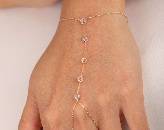 14K Solid Gold Cz Hand Slave Bracelet