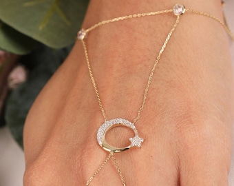 14K Solid Gold Moon & Star Hand Chain Bracelet - Elegant Crescent Moon Star Slave Bracelet- Handmade Finger Link Bracelet- Mother's day Gift