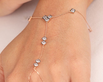 14K Gold Cz Hand Chain Bracelet - Lariat Hand Chain Bracelet -Elegant Finger Link Chain Bracelet- Delicate Slave Bracelet- Bridal Gift