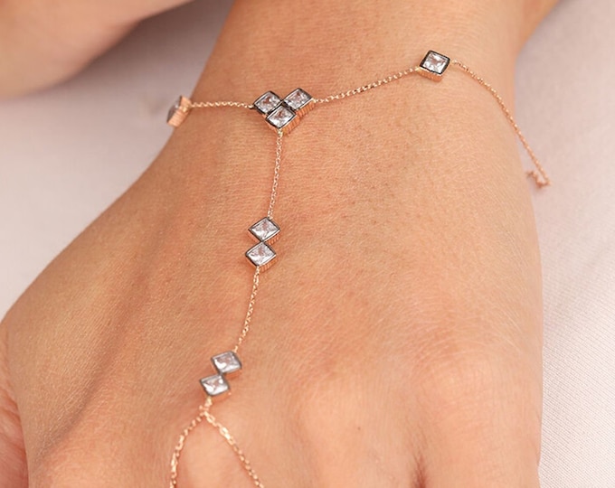 14K Gold Cz Hand Chain Bracelet - Lariat Hand Chain Bracelet -Elegant Finger Link Chain Bracelet- Delicate Slave Bracelet- Bridal Gift