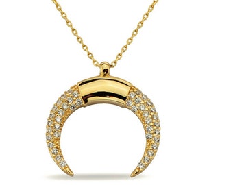 14K Gold Cz Crescent Moon Necklace