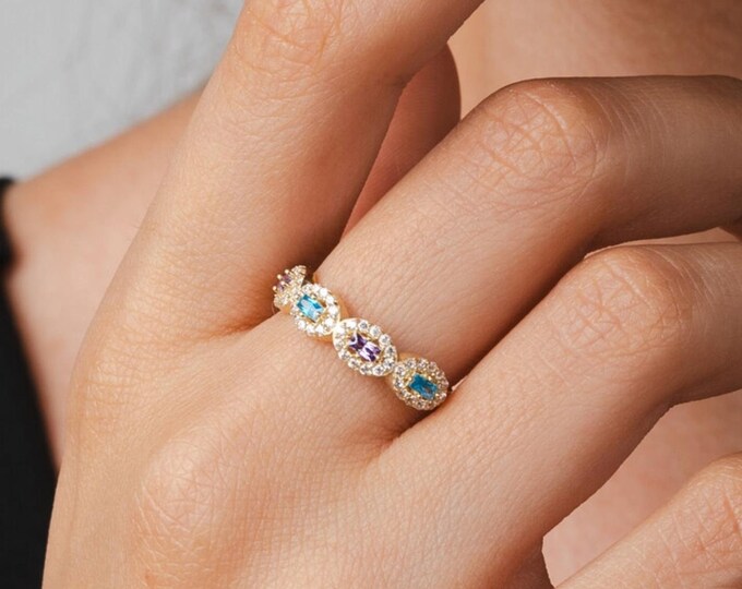 14K Gold Multi-Gemstone Ring W/Pave Cz - Amethyst, Blue Topaz Ring Band - Anniversary Ring- Birthday Gift- Gift For Bride