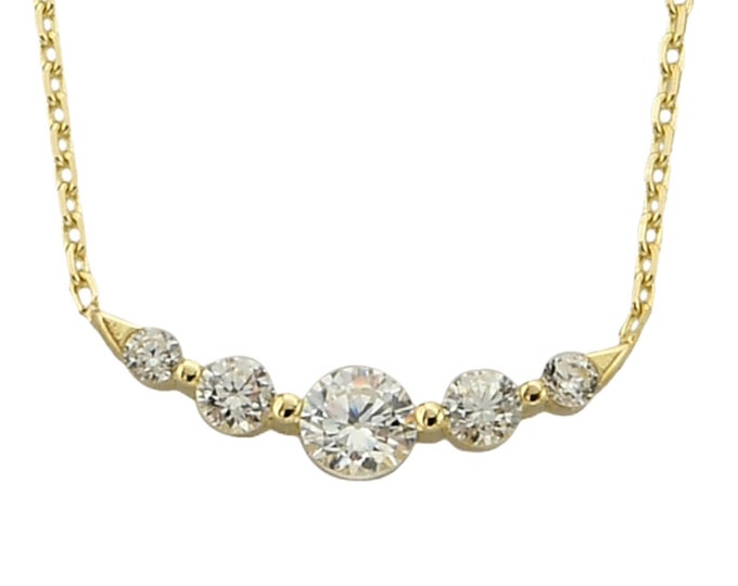 14K Gold CZ Five Stone Bar Necklace