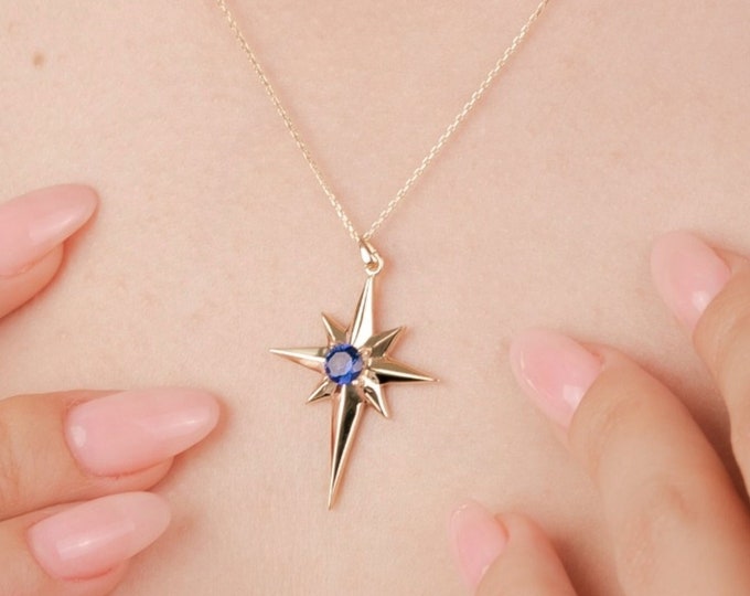 14K Gold Blue Topaz North Star Necklace