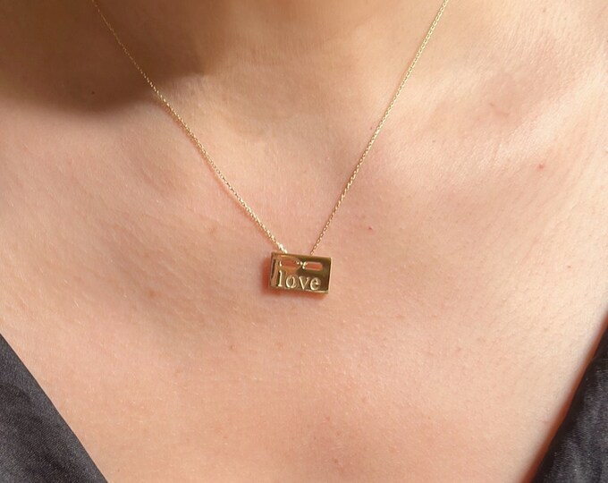 14K Gold Bar Love Word Necklace