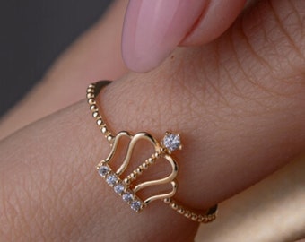 14K Gold Cz Princess Crown Ring