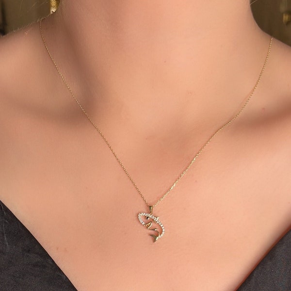 14K Gold Baby Shark Necklace- Cz Shark Charm Necklace- Beach Necklace-Sea Life Jewelry- Shark Lover Gift- Summer Jewelry-Mother's Day Gift