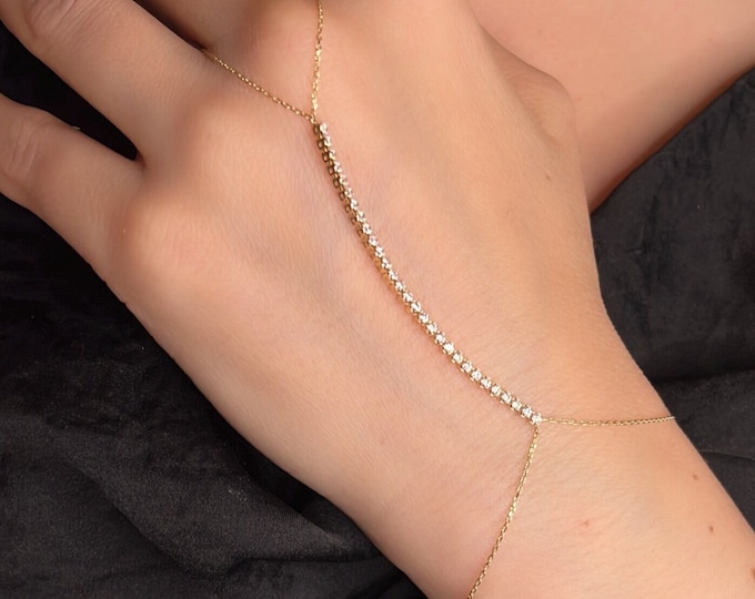 14K Gold Cz Hand Chain Bracelet