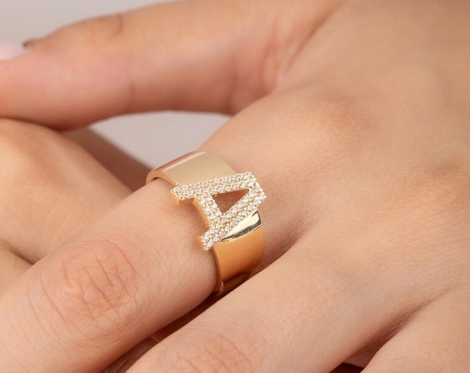 14K Gold Cz Initial Statement Rings
