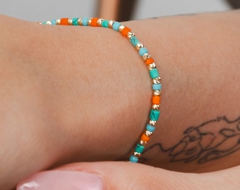 14K Gold Dorika Bracelet with Turquoise, Orange, Bracelet- Unique Beaded Bracelet- Summer Bracelet Jewelry- Birthday Gift- Gift For Bridal