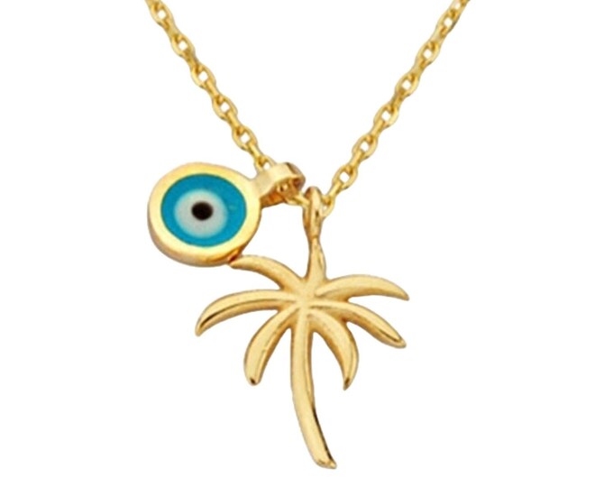 14K Gold Palm Tree Necklace W/ Evil Eye