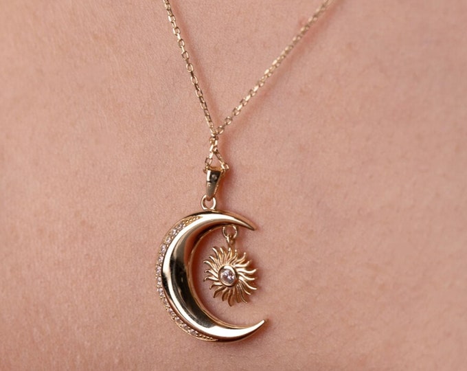 14K Gold Half Moon Dangle W/Sun Necklace