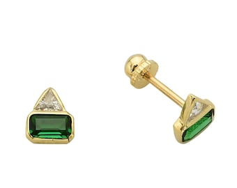 Emerald and Cz Trillion Stud Earrings- 14K Gold Trillion Cut Emerald Green Stud Earrings-Wedding & Anniversary Earrings- Birthday Gift
