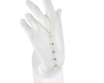14K Gold Slave Bracelet W/Butterfly, Star, Snowflake, and Turquoise Stone Hand Chain/ Bracelet With Ring Chain/ Birthday Gift Her
