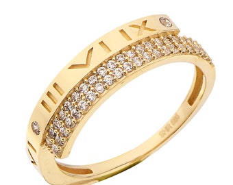14K Gold Roman Numeral Ring- Cz Pave Roman Numeral Band Ring- Vintage Roman Numeral Ring Band - Anniversary Ring- Birthday Gift