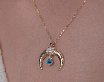 14K Gold Cz Moon w/ Evil Bead Necklace