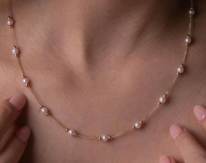 14K Gold Pearl Station Necklace
