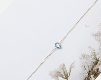14K Gold Pear Shaped Aquamarine Bracelet/Custom Birthstone Bracelet/Aquamarine Chain Bracelet/ March Birthday Gift/ Valentine's Day Gift